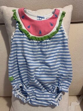 Florence Eiseman Pink & Blue Striped Baby Romper with Watermelon Detail